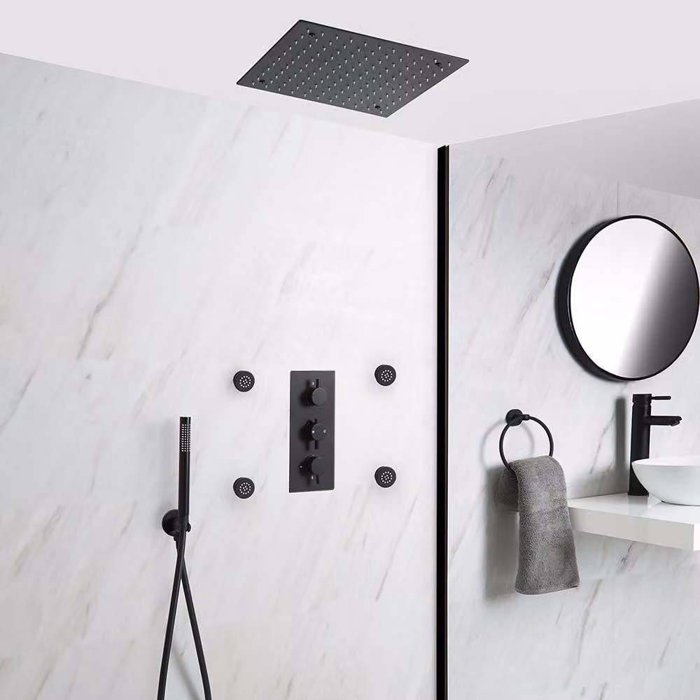 Sistema Doccia Termostatico Nero con Soffione Quadrato Incassato da 400mm, Idrogetti e Doccetta (3 Vie) - Nox