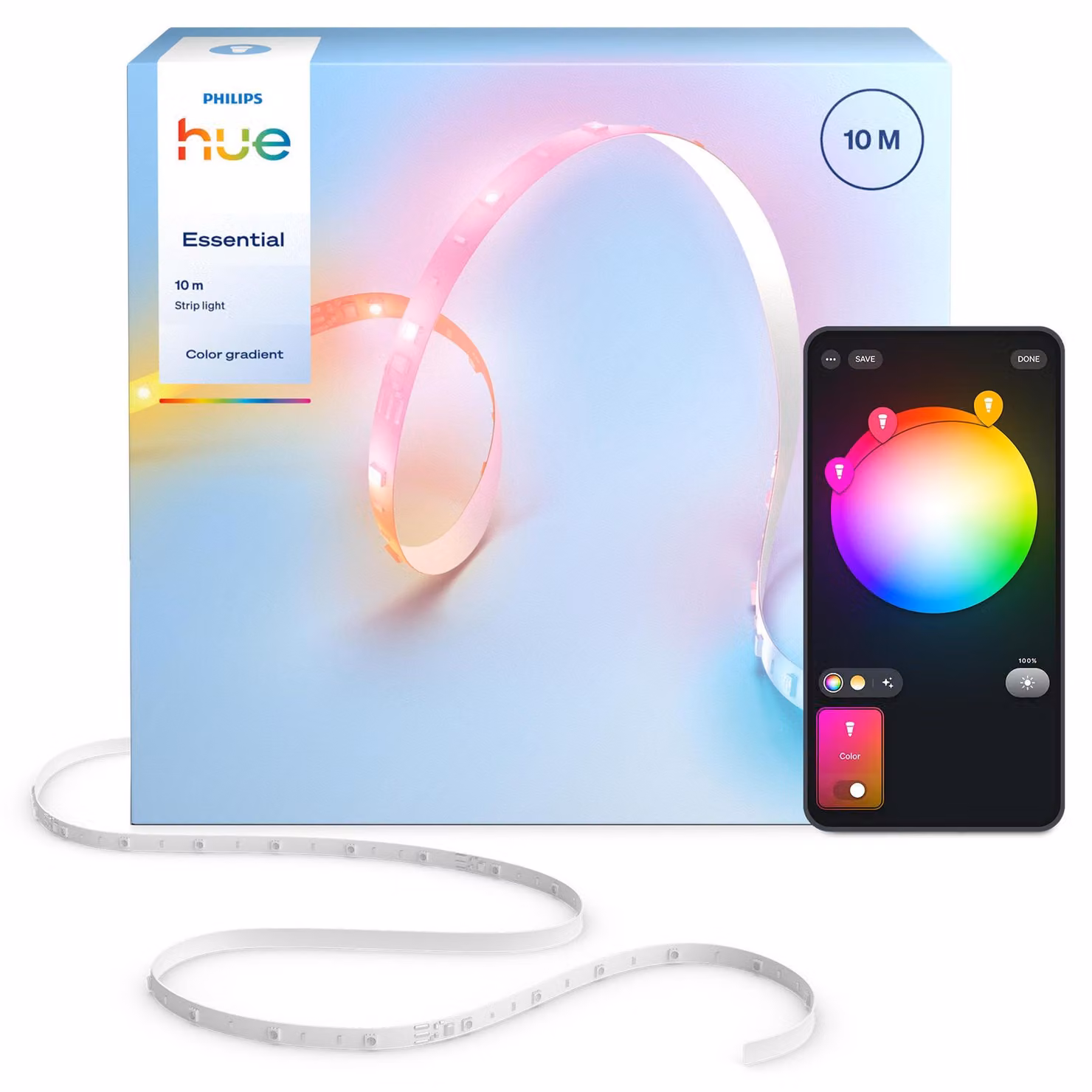 Philips Striscia luminosa Hue Essential da 10 m, striscia luminosa smart, Bluetooth/Zigbee, multicolore, silicone, altro, 27,2 W