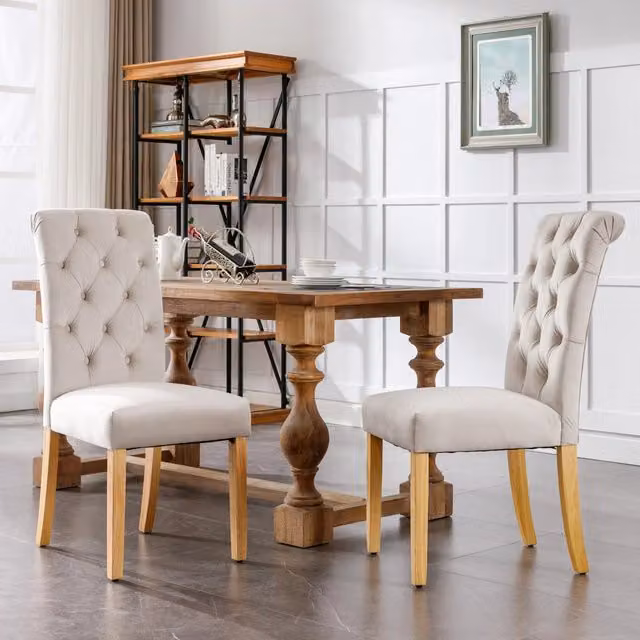 Set di 4 sedie da pranzo moderne WISHDOR in velluto beige con gambe in legno di quercia e dettagli in metallo