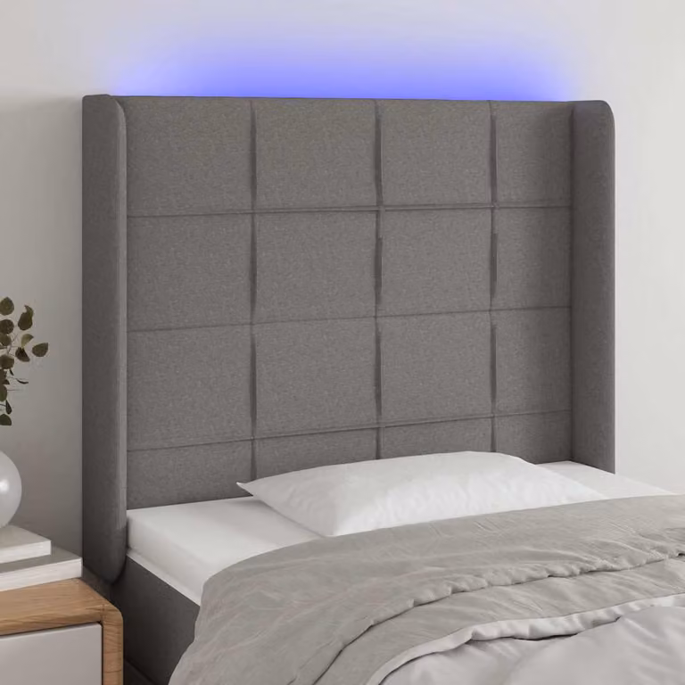 Testiera per letto vidaXL con illuminazione LED e porta USB, rivestimento in tessuto grigio, L: 103 cm, P: 16 cm, H: 118/128 cm