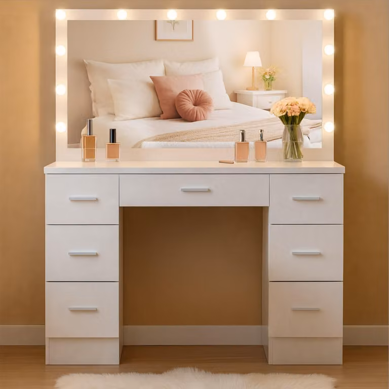 Toeletta in legno con specchio Hollywood a LED, 3 modalità di illuminazione regolabili, 7 cassetti, specchio 110x55 cm