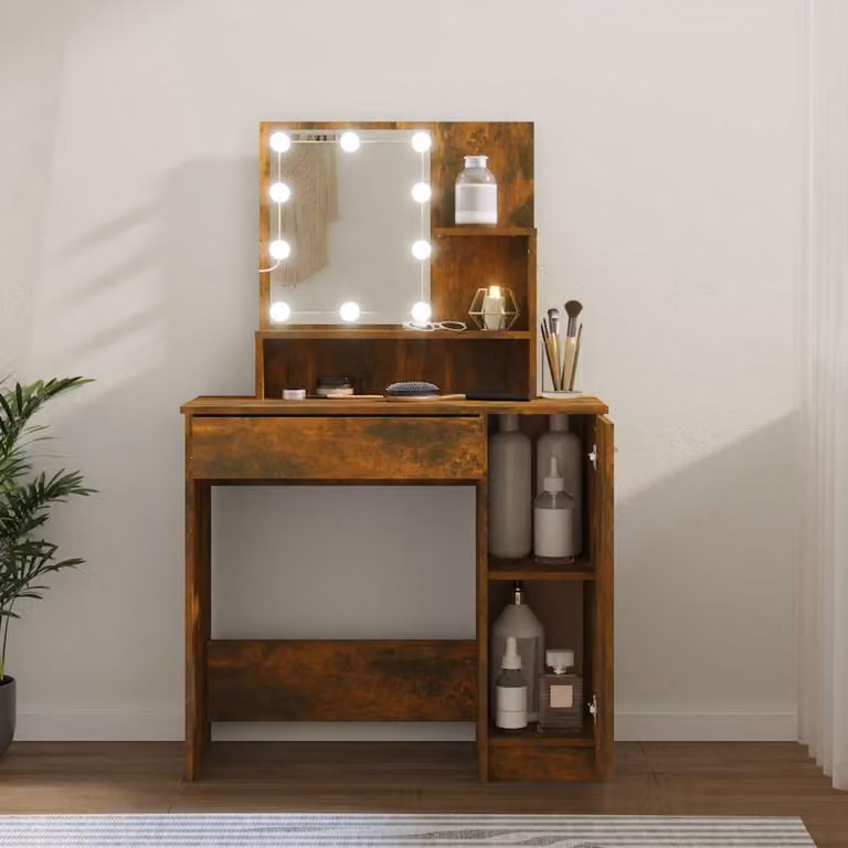 vidaXL Toeletta con LED in Rovere Fumo, L: 86,5 cm, P: 35 cm, H: 136 cm