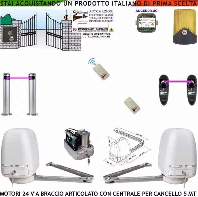 Automatismo Cancello Kit Motori Braccio Articolato 24 V 2 Ante da 1 a 2,5 MT Centrale 220/24 V 2 Radiocomandi Selettore Faro 2 Fotocellule 2 Paline Accendiluci