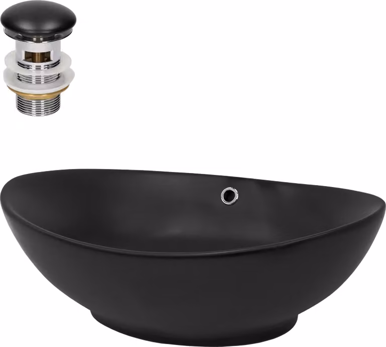 Lavabo LuxeBath Lavabo da appoggio ovale, 59x38x19 cm, nero opaco, in Vetroceramica, incl. set di scarico con troppopieno
