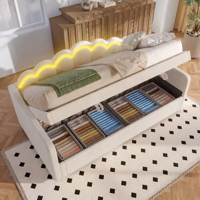 Letto singolo 90x200 cm in velluto beige con contenitore; LED multicolore e testiera ondulata