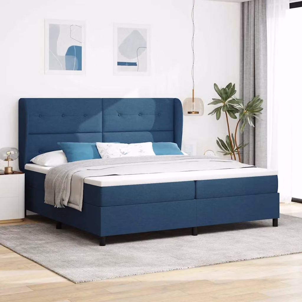 Letto a molle con testiera vidaXL in tessuto blu, L 200 x P 200 x H 128 cm