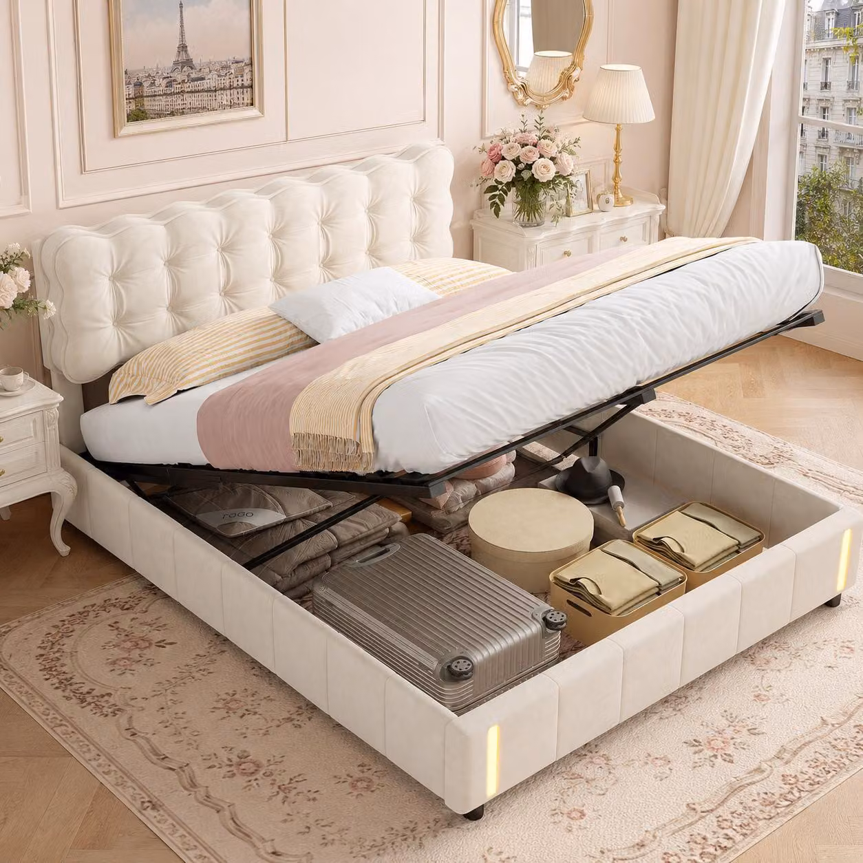 Letto matrimoniale con boxspring INONEFT, dimensioni 140x190 cm, con illuminazione LED a induzione, letto imbottito con sistema idraulico e contenitore, letto per giovani con rete a doghe e contenitore, rivestito in velluto color beige