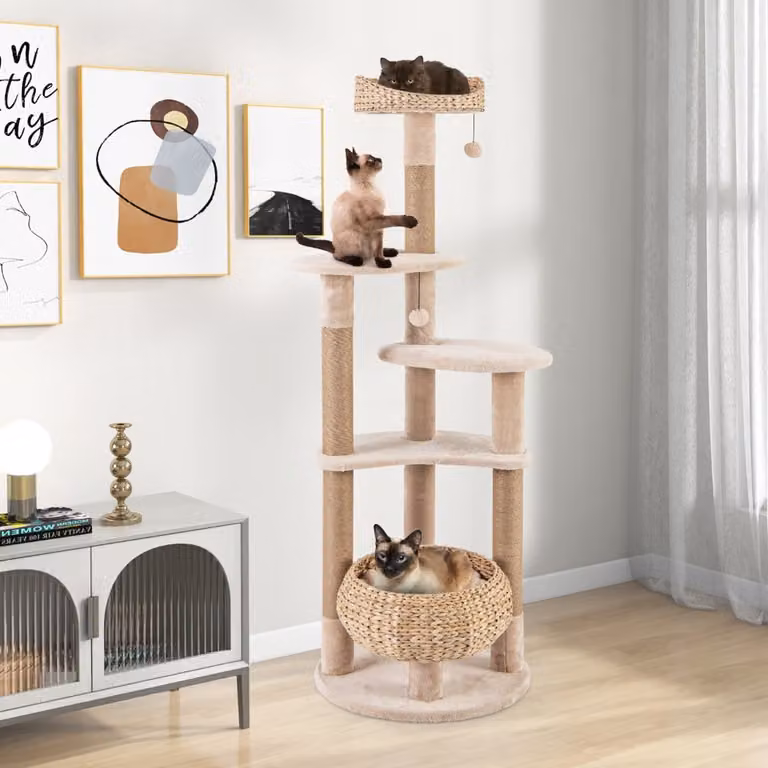 Albero per gatti Costway a 6 strati con tiragraffi in sisal, ceste, palline pendenti e cuscini lavabili, Beige, Altezza: 164 cm