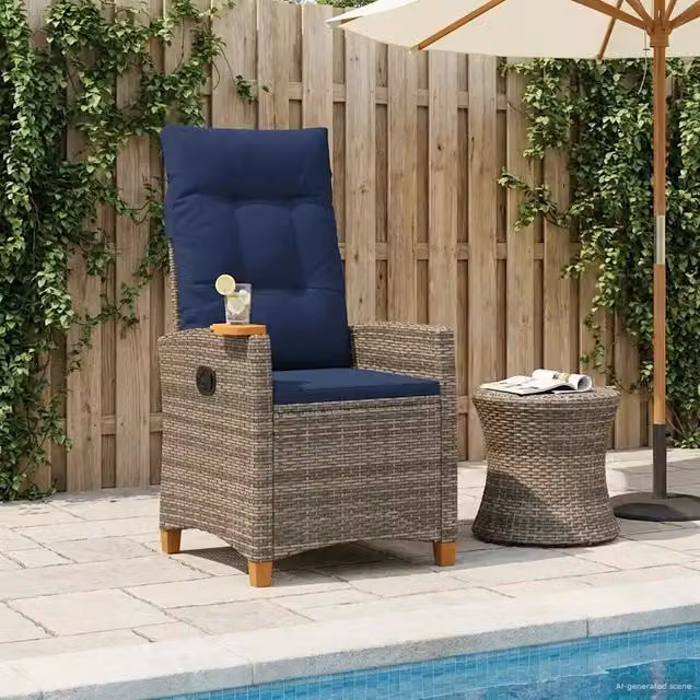 Divano Sedia-Poltrona reclinabile con tavolino in polyrattan e metallo per giardino, Colore: Grigio e Blu, H: 112 cm, L: 64 cm, P: 62 cm