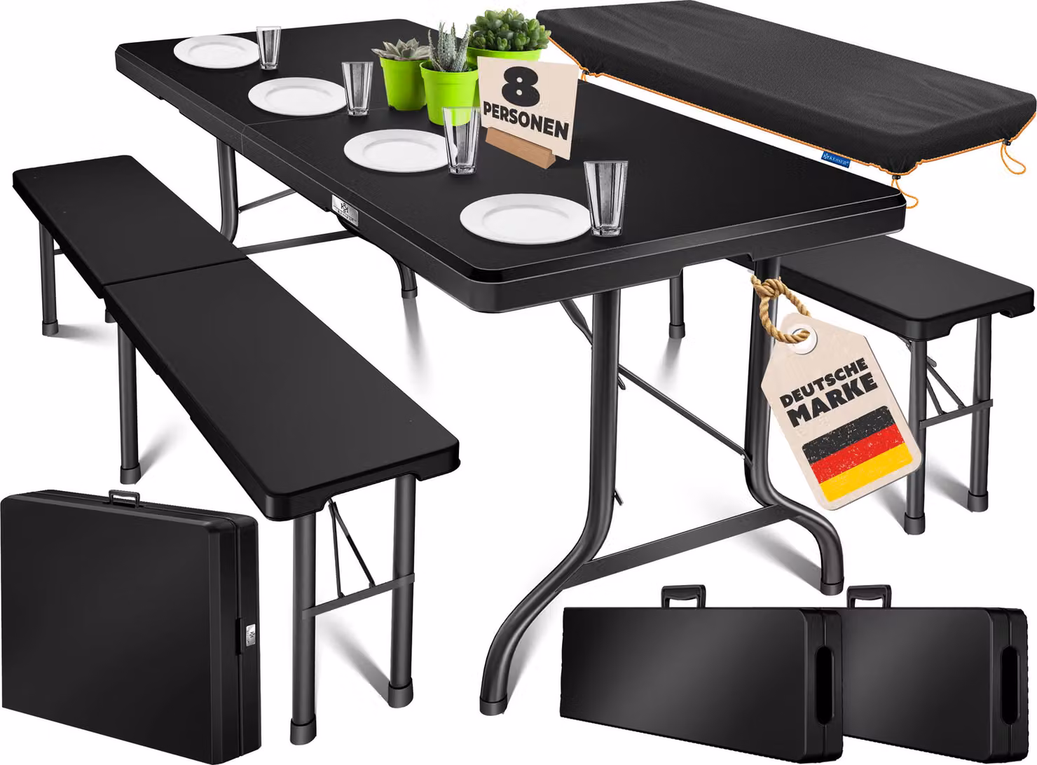 KESSER® Set da birreria, 3 pezzi, 183x76x74 cm, composto da un tavolo e 2 panche, in plastica pieghevole, con copertura inclusa