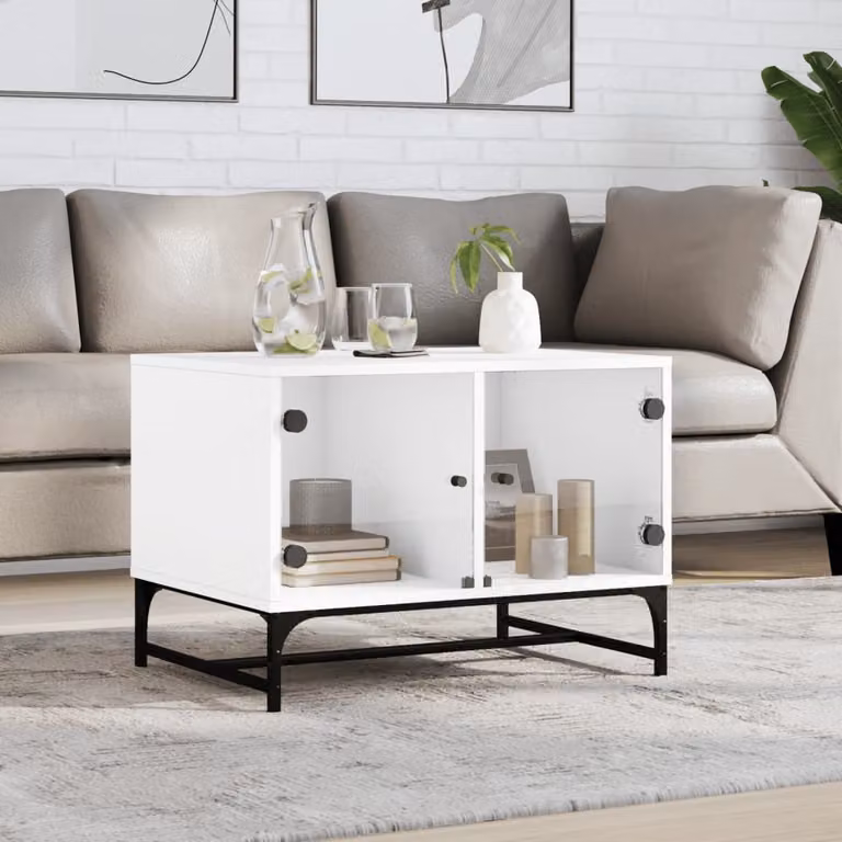 vidaXL Tavolino da Salotto Moderno Bianco con Ante in Vetro L: 68,5 cm, P: 50 cm, H: 50 cm