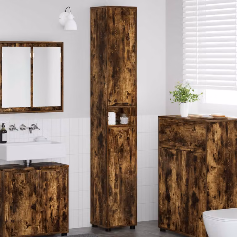 Mobile da bagno moderno vidaXL in rovere fumé con ante a battente e ripiani interni, L/P/H: 30,5 x 30 x 195 cm