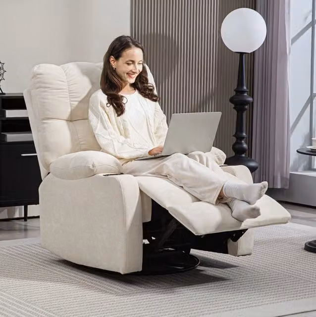 Poltrona Relax Beige con Funzione Lettino, Dondolo e Girevole con Poggiapiedi e Portabicchieri