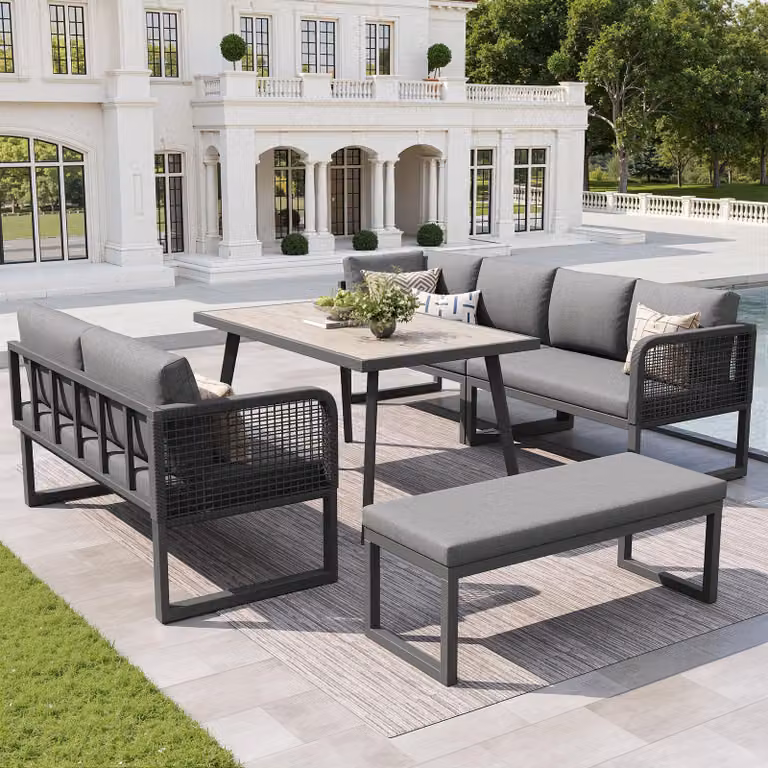Set di mobili da giardino in rattan Abrihome Set di sedute lounge per 6-8 persone con tavolo e cuscini, mobili da balcone Mobili da terrazza, grigio