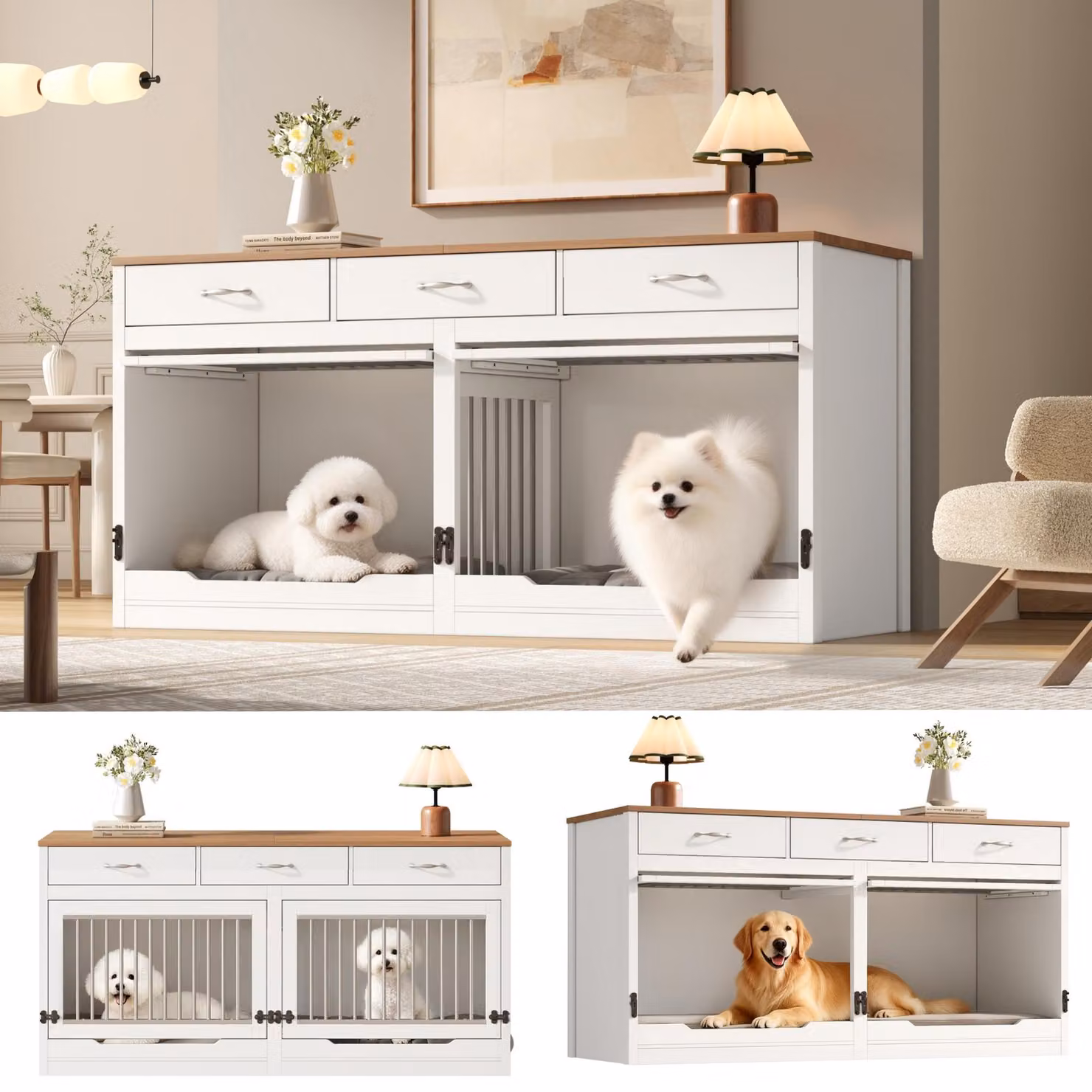 Cuccia per cani Flieks con 3 cassetti e 2 ante, gabbia per cani con divisorio rimovibile, gabbia per 2 cani, XXL, 164x60x81 cm, bianca