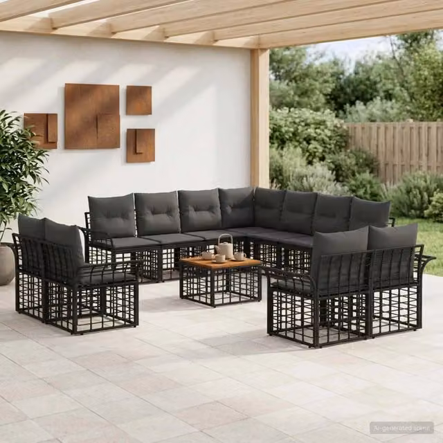 Set di divani da esterno 12 pz Nero e Grigio scuro Poliestere 3437803