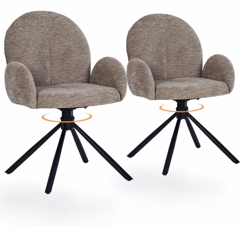 Set di 2 poltrone da pranzo in chenille, girevoli, con braccioli e struttura in metallo, color taupe