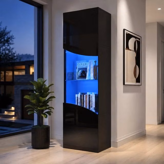 Vetrina alta Mivray per soggiorno con ante in vetro temperato, ripiani interni e illuminazione LED, nero lucido, L: 35 cm, P: 50 cm, H: 165 cm