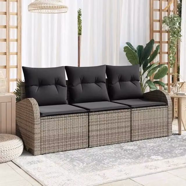 Set Divano da Giardino con cuscino 3 pz-Sofa da Giardino-Divanetto da esterno Grigio Poly Rattan 441303