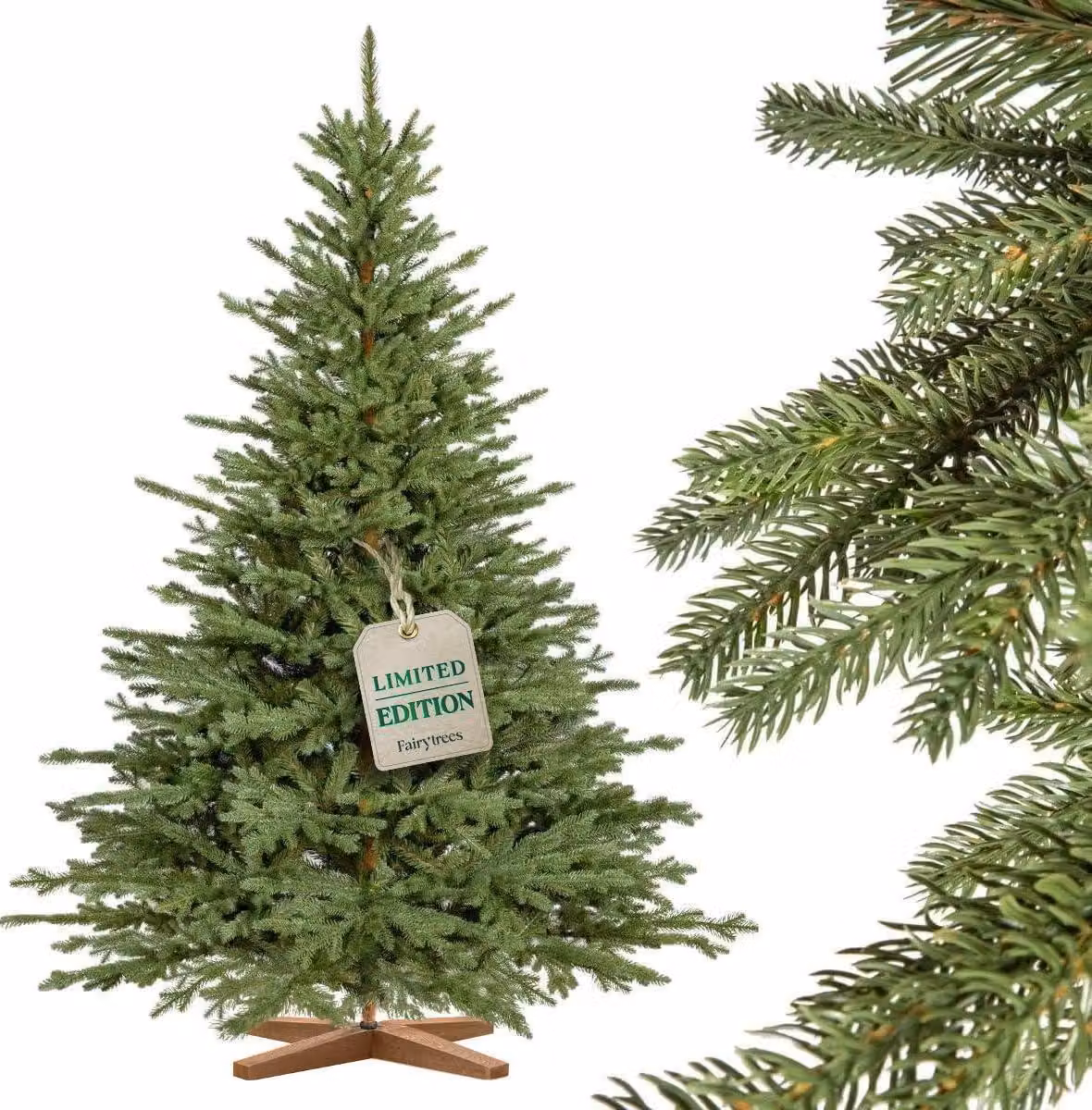 FAIRYTREES Albero di Natale artificiale 150cm Abete Bavarese Premium con supporto in legno | Prodotto in EU | Facile da Montare