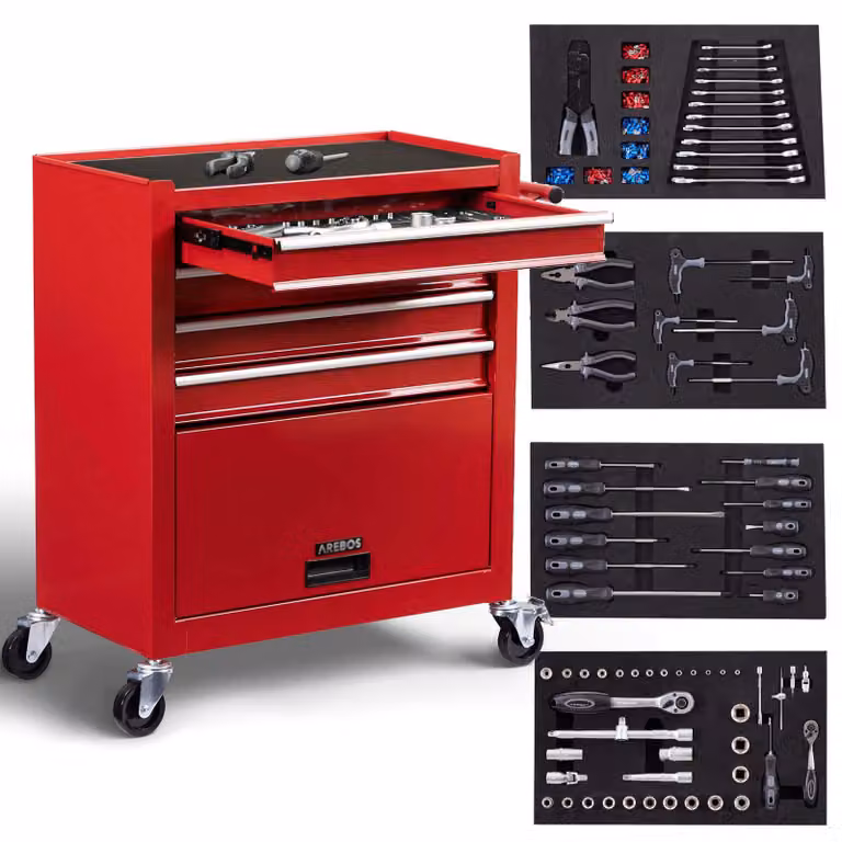 AREBOS carrello da officina rosso 4 cassetti 81 pz. utensili tappetini antiscivolo