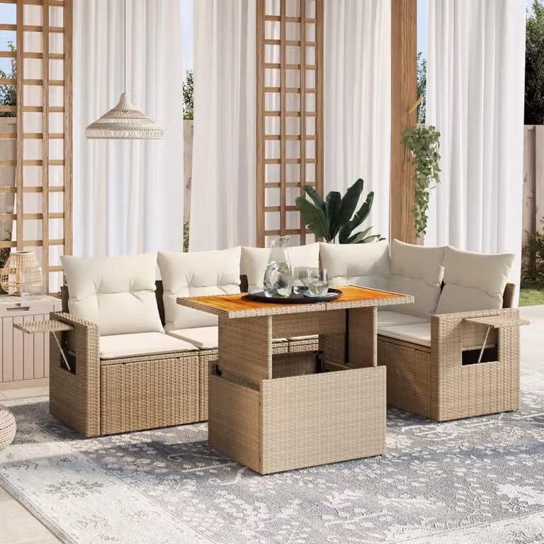 Set Divano da Giardino vidaXL 6 pz in Polyrattan con Cuscini Beige e Tavolino da Esterno