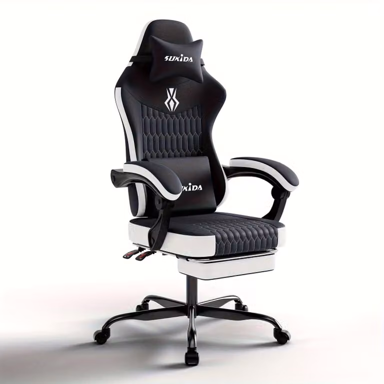 Game Stoel – Sedia ergonomica da scrivania con altezza, schienale e poggiapiedi regolabili, disponibile in bianco e nero