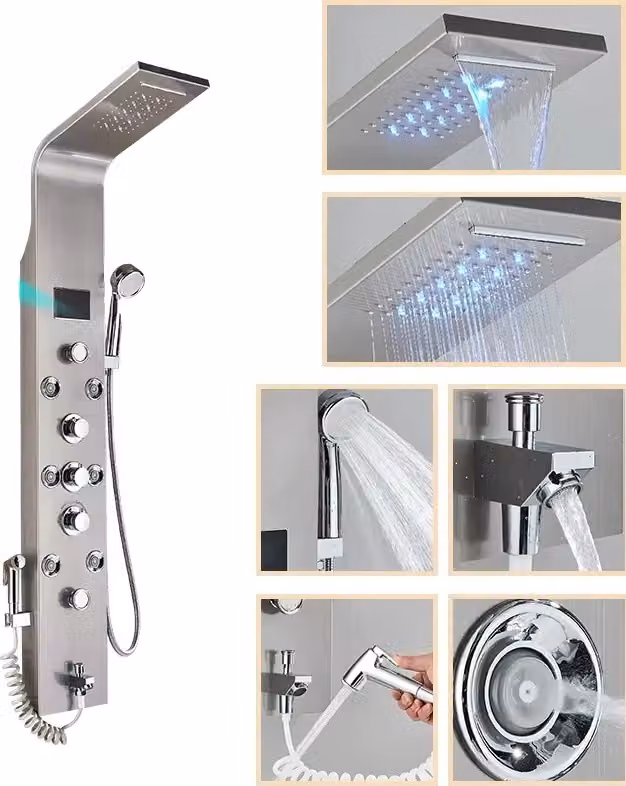 Pannello doccia funzione pioggia e cascata, display della temperatura, nichel spazzolato 8009