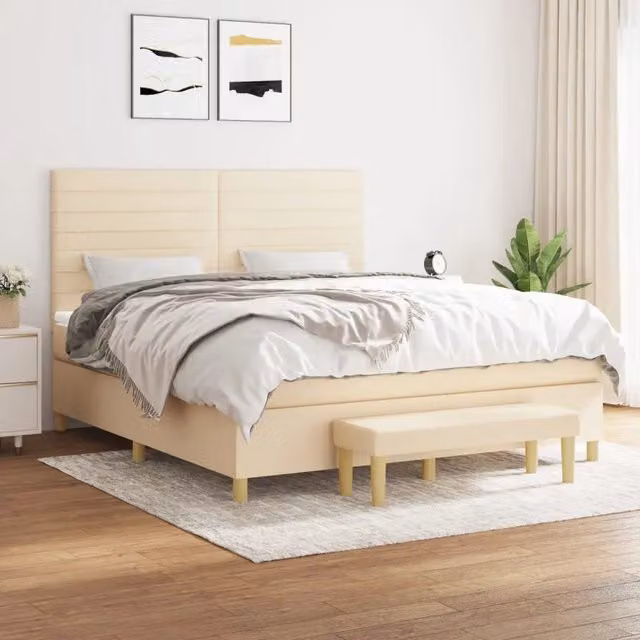 Letto Ibrido con Giroletto a Molle e Materasso vidaXL in Tessuto Beige e Bianco L/P: 160 x 200 cm
