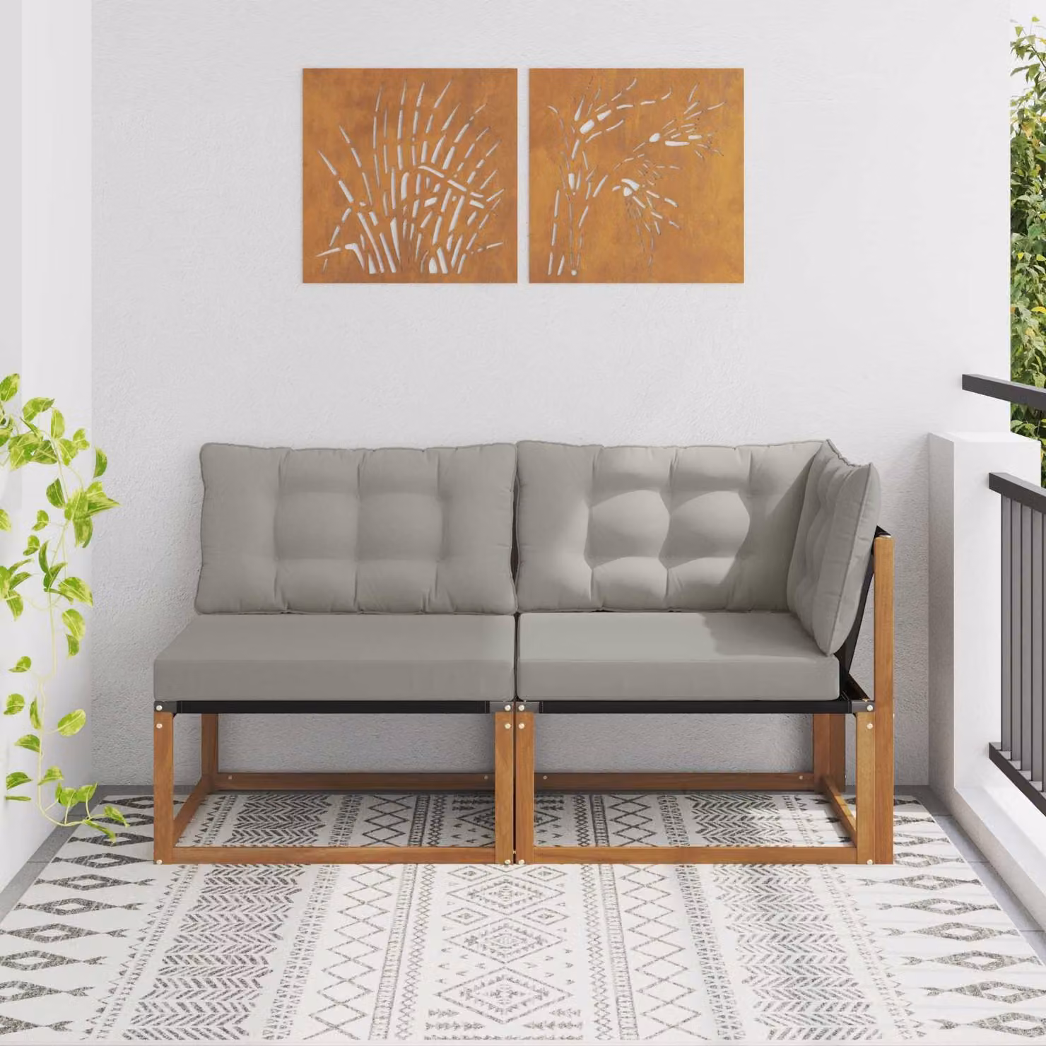 vidaXL Divano angolare da esterno modulare in legno di acacia con cuscini in tessuto textilene grigio e marrone