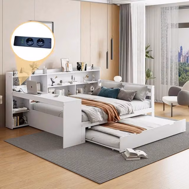Letto a Soppalco con Scrivania e Libreria ¨C MINIMAL ¨C Legno Massello Bianco 140x200
