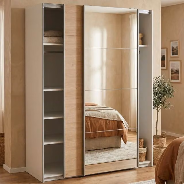 Armadio con ante scorrevoli DMORA per camera da letto, Bianco e Rovere, L: 150 cm, P: 60,8 cm, H: 200,4 cm