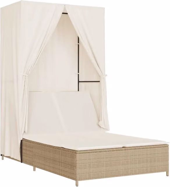 Lettino Prendisole | Sdraio da giardino | Lettino da sole con Tetto e Tende Beige in Polyrattan