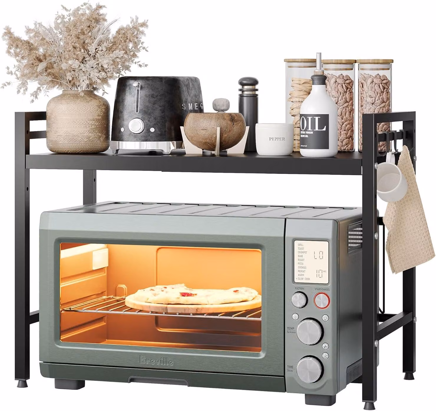 Portaforno a microonde da 40-60 cm, con 2 ripiani, dotato di ganci e rotelle, per la cucina