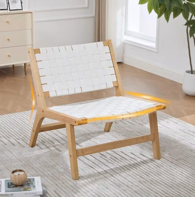 Poltrona Intrecciata in PU con Struttura in Legno 71x66x72 cm; Senza Braccioli Bianca; per Soggiorno e Camera da Letto