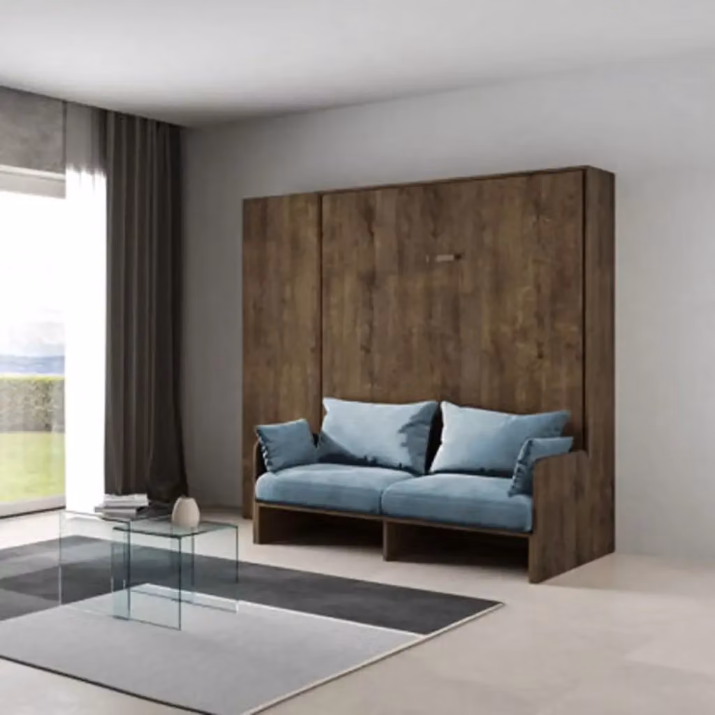 Letto matrimoniale a scomparsa Kentaro con divano e colonna, colore azzurro e noce, L/P/H: 160 x 190 cm – 2