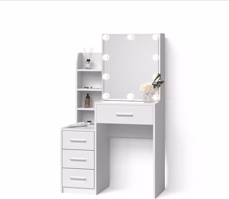 Tavolo da toeletta Livinity Loreta Bianco 80 cm con specchio e catena luminosa LED, Model 52360