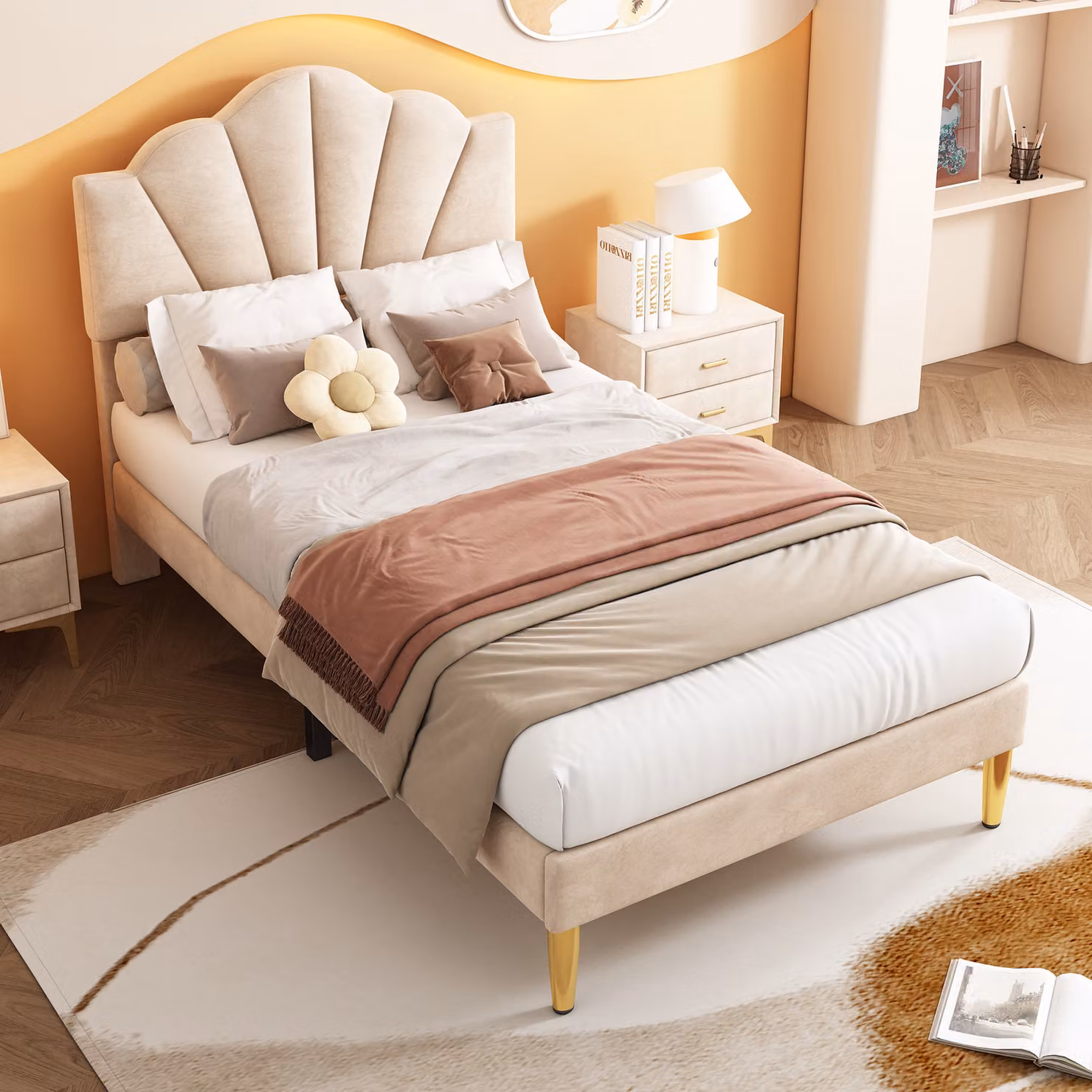 okwish Letto imbottito 90*200 cm, letti in velluto, gambe in metallo dorato, testata regolabile in altezza, rete a doghe in legno, letto singolo, beige