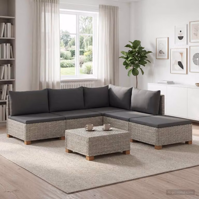 Set Lounge da 6 pezzi vidaXL GENDT in rattan naturale con cuscini grigi