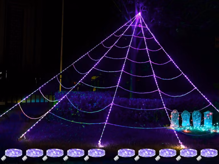 Illuminazione a ragnatela per Halloween, 300 LED, 5 metri, 3 modalità, colore viola