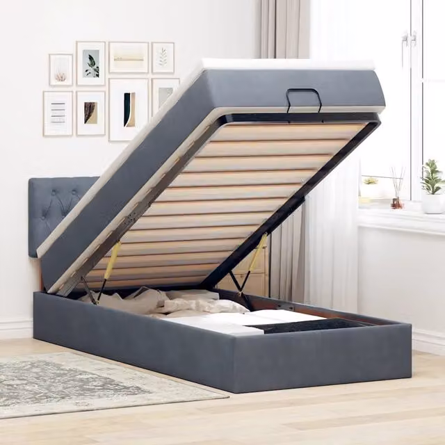 Letto con contenitore a sollevamento vidaXL in velluto grigio e bianco con materasso L: 90 cm, P: 190 cm