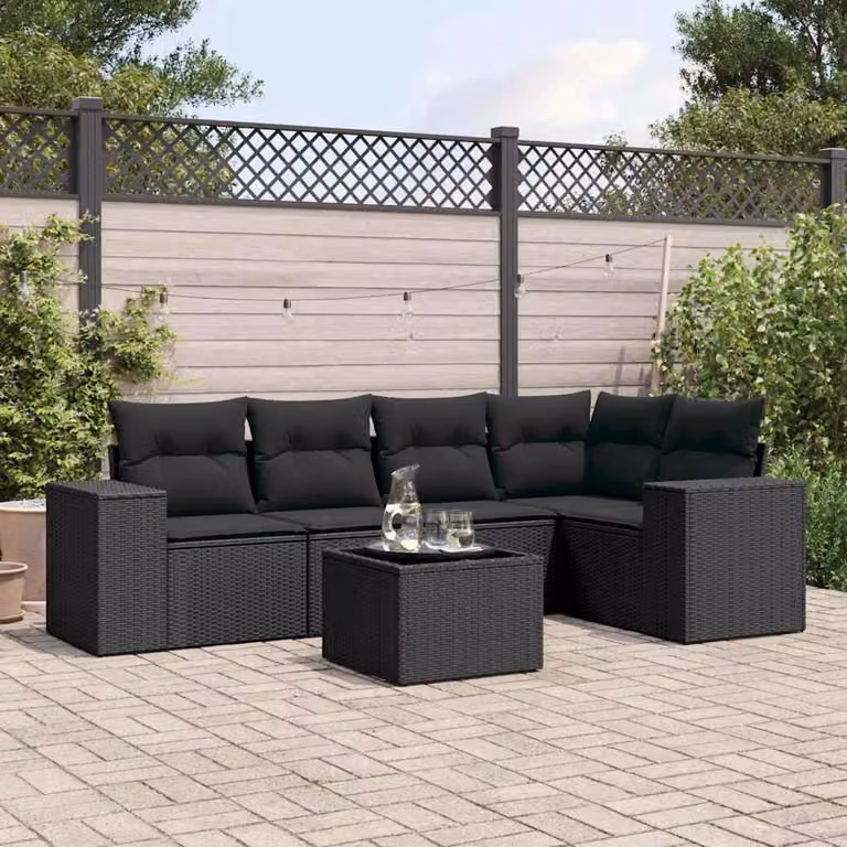Set Divano da Giardino vidaXL 6 pz in Polyrattan Nero con Cuscini e Tavolino