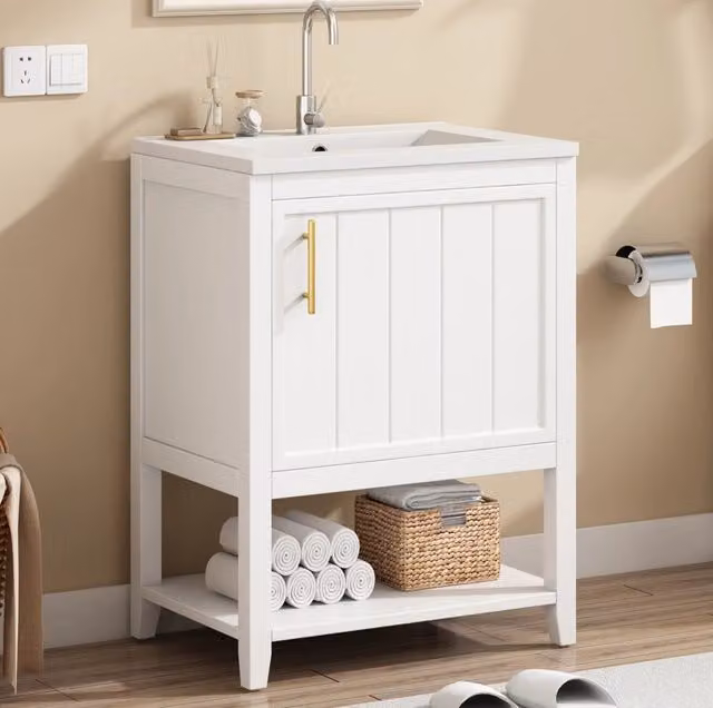 Mobile bagno con lavabo in ceramica; 61x47x87 cm; bianco; con ripiani interni