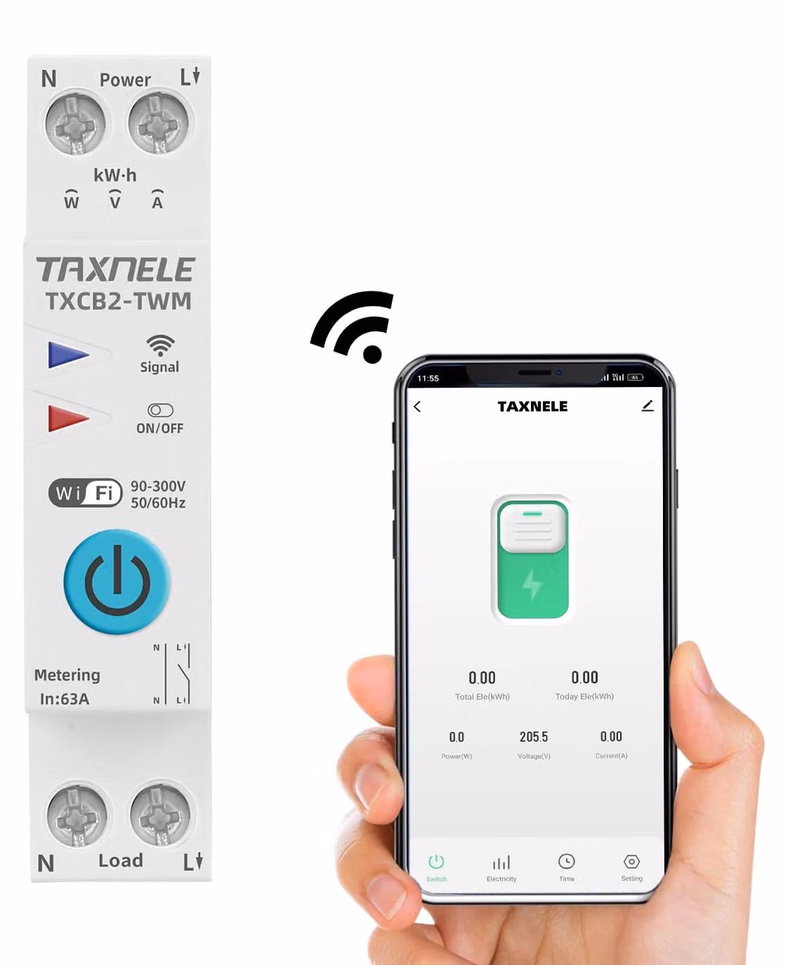 Interruttore differenziale WiFi, 16A, 1P, 230V, 63A, montaggio su guida DIN