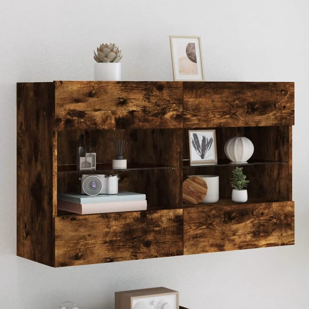 Mobile TV da parete vidaXL con luci LED integrate in Rovere Fumo, L: 98,5 cm, P: 30 cm, H: 60,5 cm
