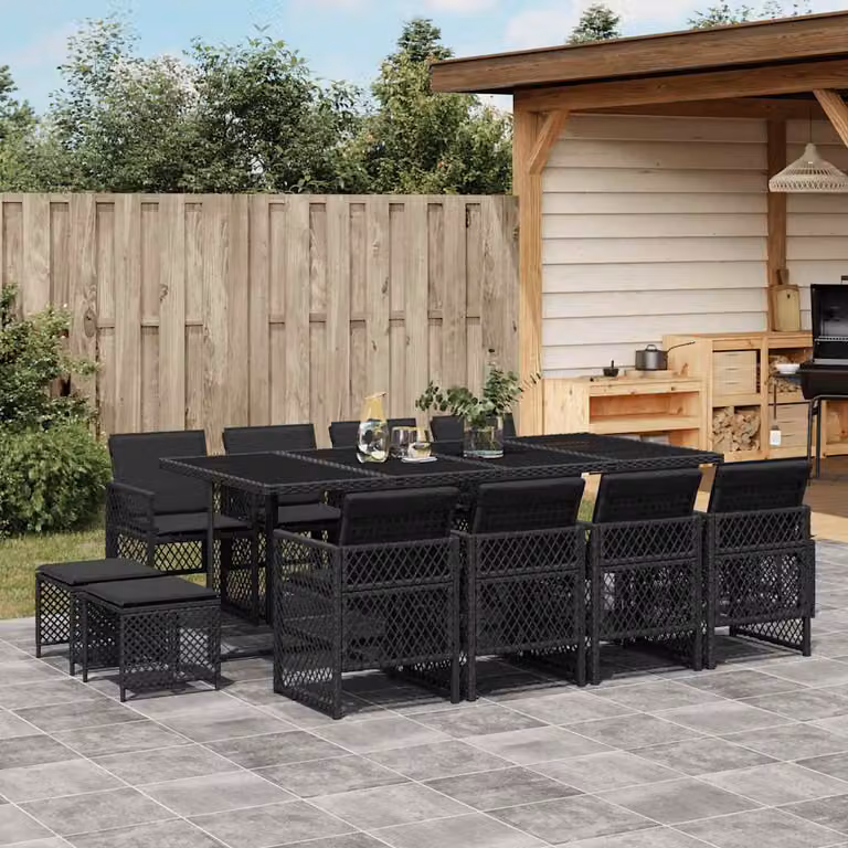 vidaXL Set da Pranzo da Giardino 13pz in Polyrattan Nero con Cuscini e Tavolo in Vetro