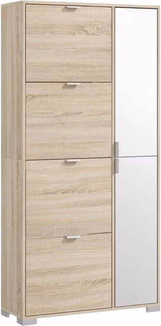 Scarpiera 4 Cassetti Ribaltabili e 2 Armadietti con Specchio 16 Paia di Scarpe 82x30x168 cm Rovere
