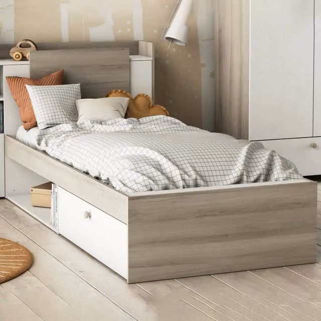 Letto singolo Wali DMORA con cassetti, struttura in legno e MDF, Rovere e Bianco, L: 120 cm, P: 200 cm, H: 91 cm – 1