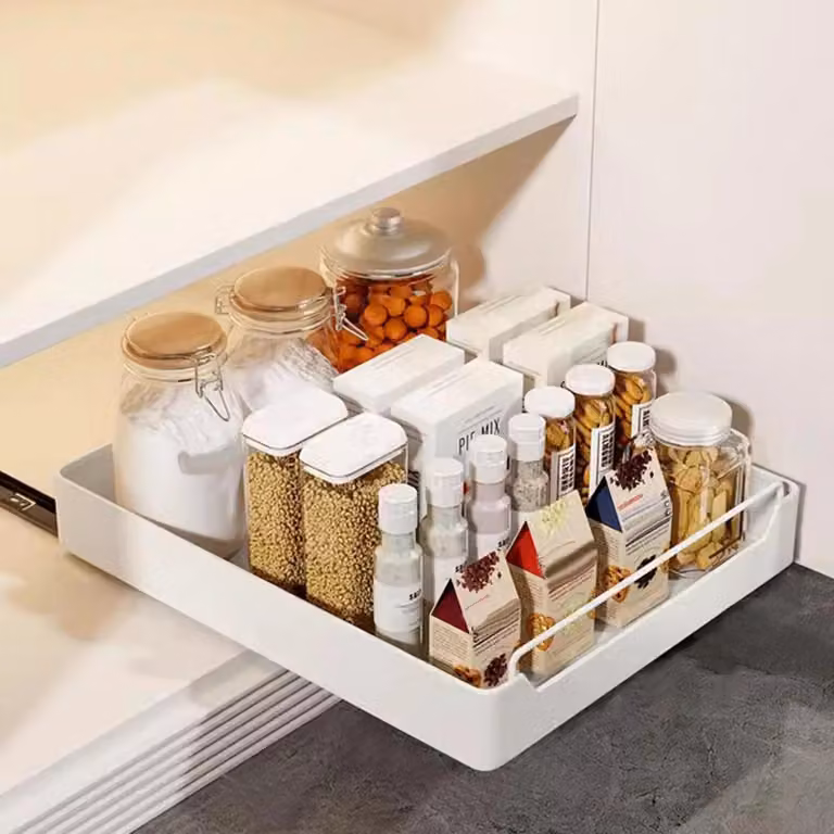 Scaffale estraibile per mobili da cucina - Cassetto estraibile da 35 cm - Chiusura ammortizzata - Guida silenziosa - Elevata capacità di carico - Metallo - Bianco