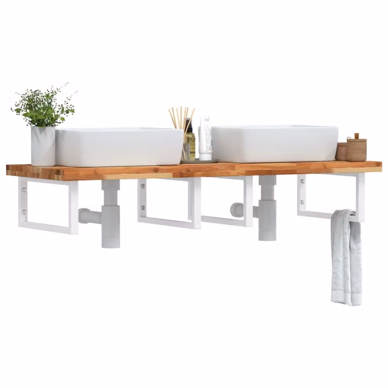 vidaXL Ripiano da parete per lavabo moderno in legno di acacia oliato e metallo, Bianco e Marrone